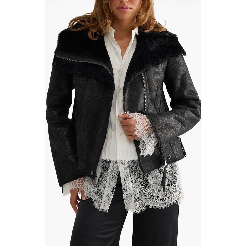 We the Free Fourline Black Faux Shearling Lined Moto Jacket Zip Vegan Coat NWOT